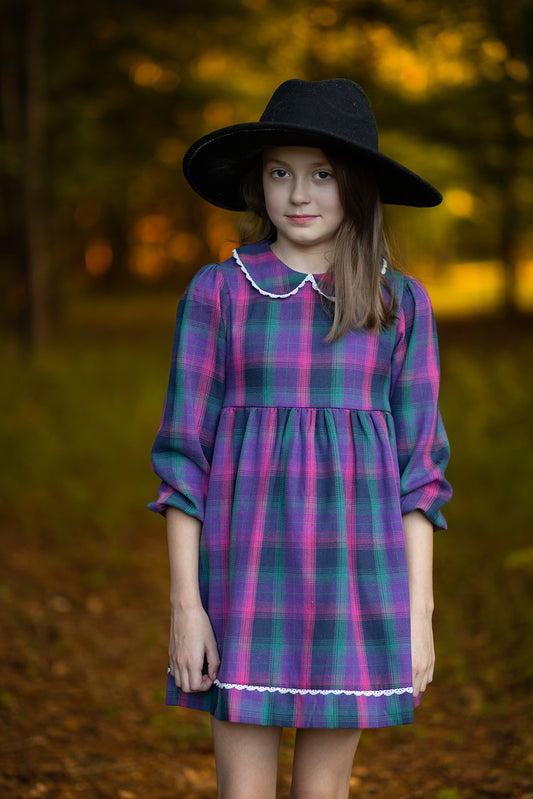 Fall Purple Plaid Long Sleeve Dress