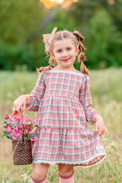 Fall Pink Plaid Long Sleeve Dress