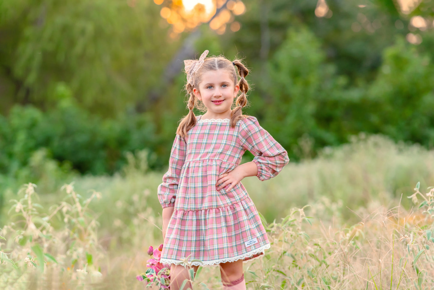 Fall Pink Plaid Long Sleeve Dress